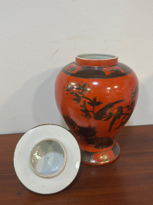 Pote Porcelana Chinesa Laranja Decoração Pássaros - Marca Vermelha