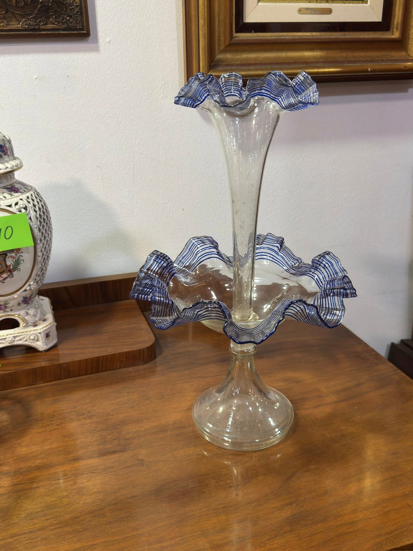 Epergne de Vidro Português com Fios Azuis - Século XIX