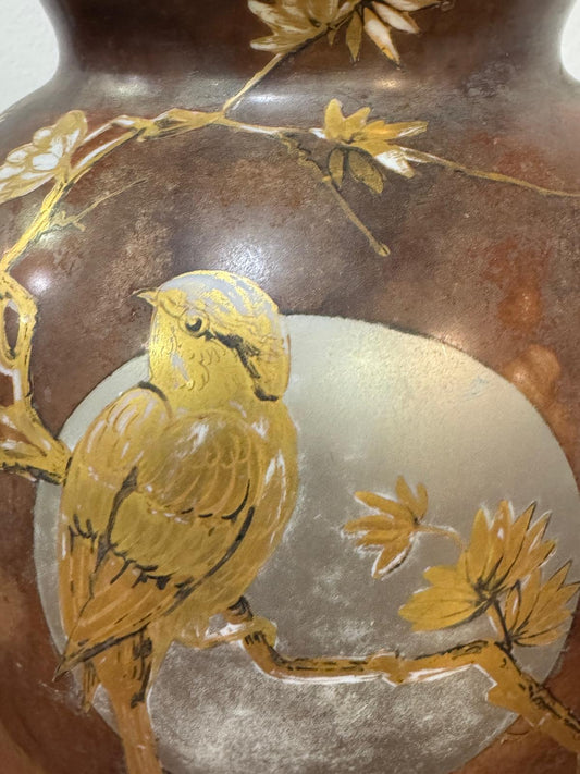 Vaso Cerâmica Decoração Dourada Pássaro - Art Nouveau