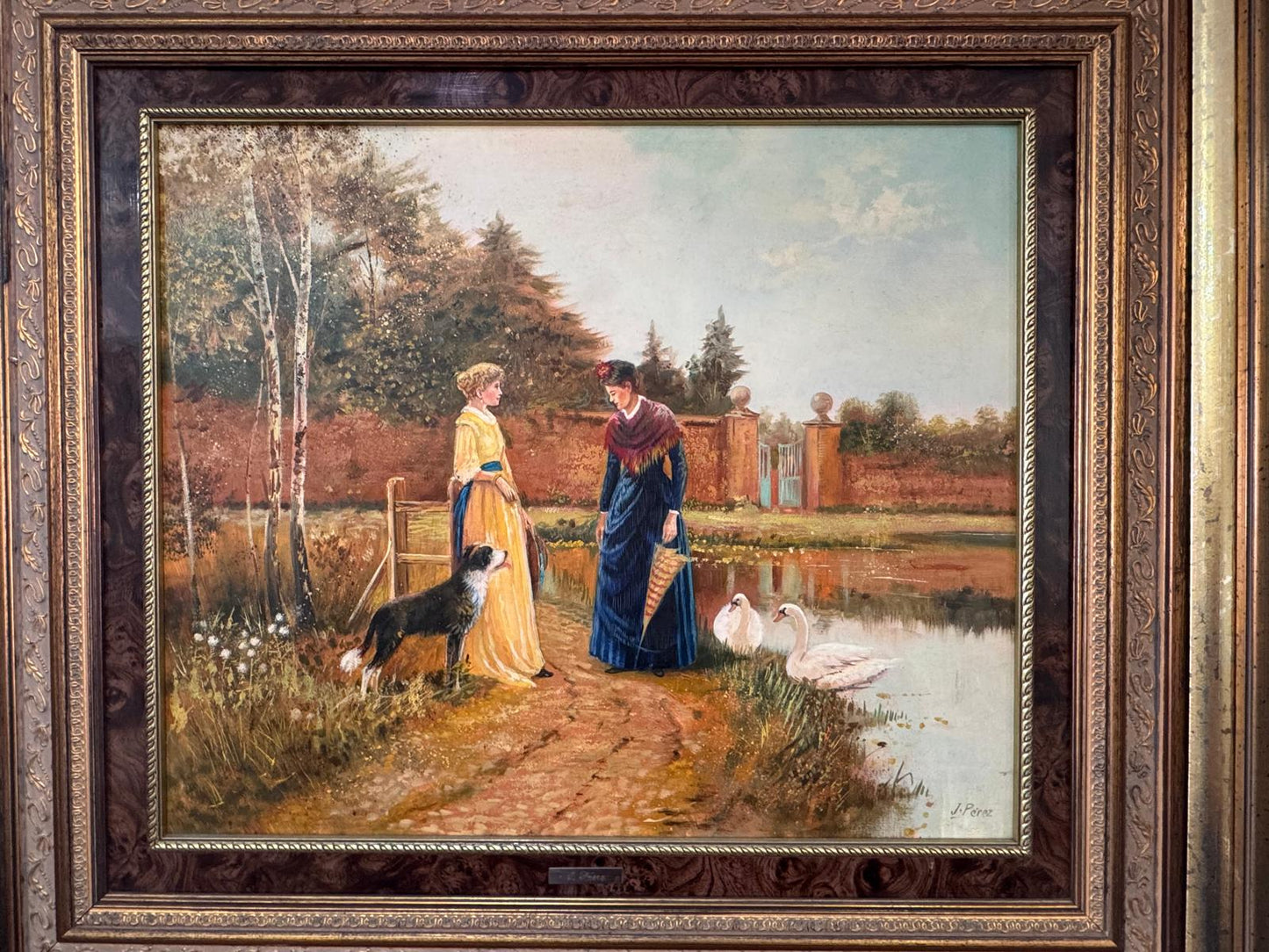 Oil painting on canvas – Countryside scene with figures and swans | Signed "J. Pere"
