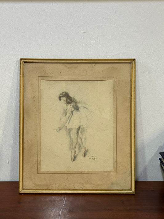 Desenho Original de Bailarina – Gisbert Soler | Moldura Dourada Vintage