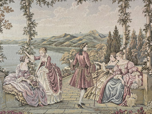 Quadro com Tapeçaria Antiga Estilo Galante / Rococó em Moldura Dourada e Madeira
