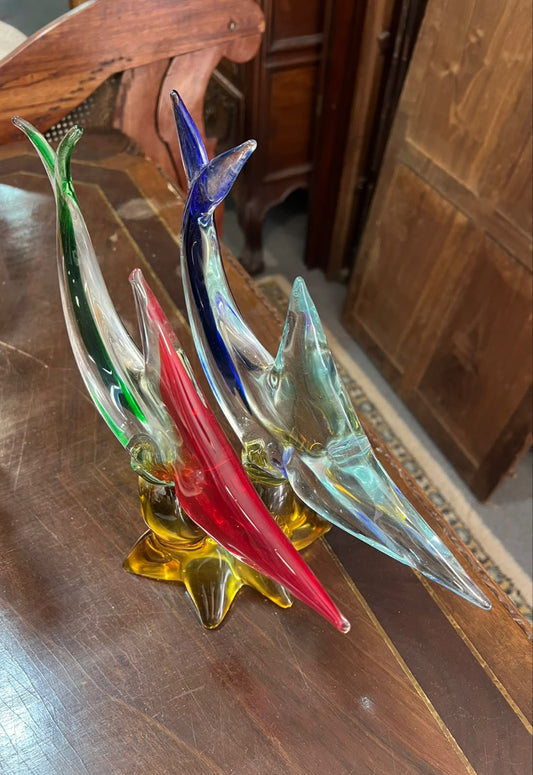 Escultura Vintage em Vidro Artístico Sommerso com Par de Peixes e Base Âmbar