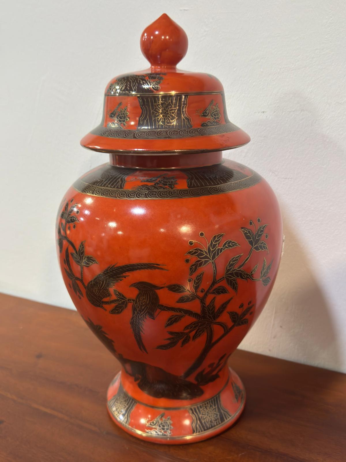 Pote Porcelana Chinesa Laranja Decoração Pássaros - Marca Vermelha
