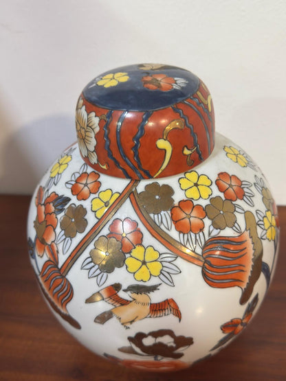 Pote Oriental em Porcelana com Tampa - Decoração Imari Floral e Pássaros