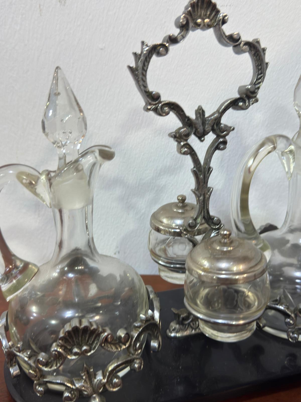 Galheteiro Antigo Vitoriano - Vidro Cristal, Metal Prateado e Base Mármore Preto