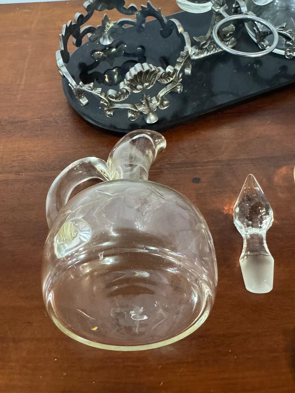 Galheteiro Antigo Vitoriano - Vidro Cristal, Metal Prateado e Base Mármore Preto