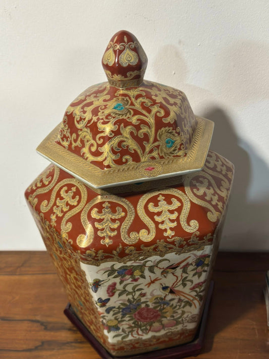 Vaso Chinês Hexagonal com Detalhes em Ouro e Turquesa