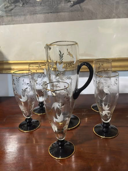 Conjunto de Jarro e Copos em Vidro Decorado com Motivos Florais