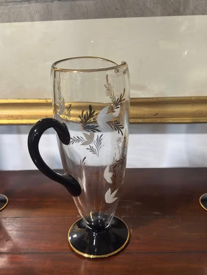Conjunto de Jarro e Copos em Vidro Decorado com Motivos Florais