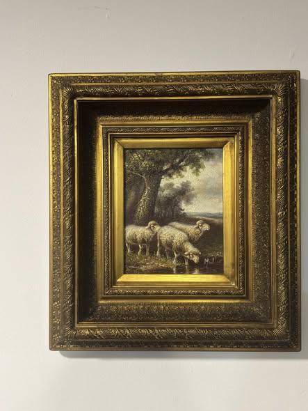 Pintura a Óleo Mueller - Ovelhas em Paisagem Pastoral com Moldura Dourada