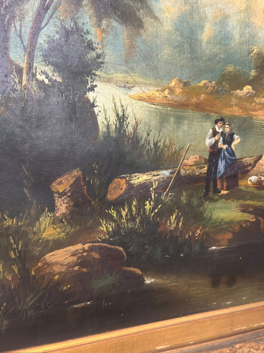 Pintura a Óleo Paisagem Pastoral com Casal - Assinada Peixoto