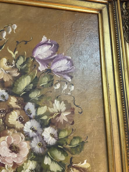 Still Life with Flowers in Blue Vase - Oil Painting with Gilt Frame