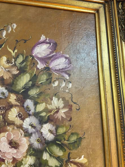 Still Life with Flowers in Blue Vase - Oil Painting with Gilt Frame
