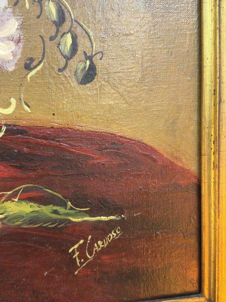 Still Life with Flowers in Blue Vase - Oil Painting with Gilt Frame
