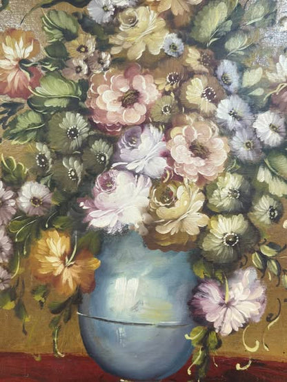 Still Life with Flowers in Blue Vase - Oil Painting with Gilt Frame
