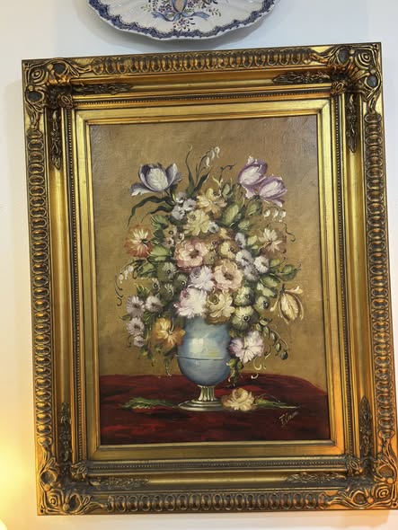 Still Life with Flowers in Blue Vase - Oil Painting with Gilt Frame