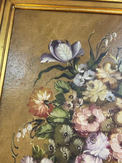 Still Life with Flowers in Blue Vase - Oil Painting with Gilt Frame