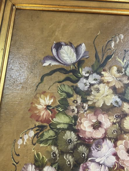 Still Life with Flowers in Blue Vase - Oil Painting with Gilt Frame