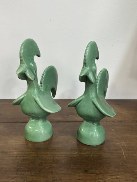 Pair of Barcelos Roosters in Celadon Green Ceramic
