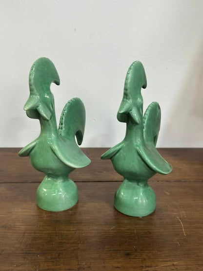 Pair of Barcelos Roosters in Celadon Green Ceramic