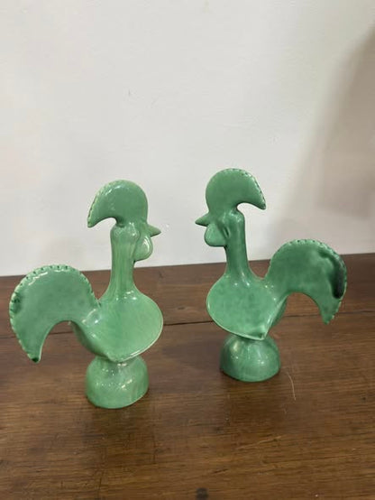 Pair of Barcelos Roosters in Celadon Green Ceramic