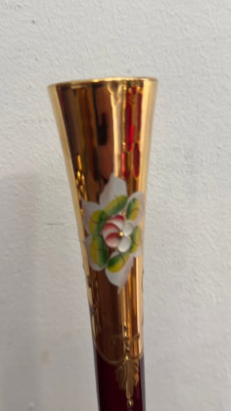 Jarra Soliflôr em Vidro Vermelho Rubi e Dourado com Flores Esmaltadas — Estilo Veneziano