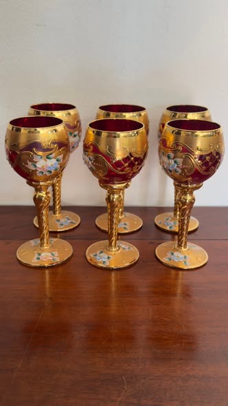 Conjunto de 6 Cálices em Vidro de Murano “Tre Fuochi” — Vermelho Rubi e Ouro — Séc. XX