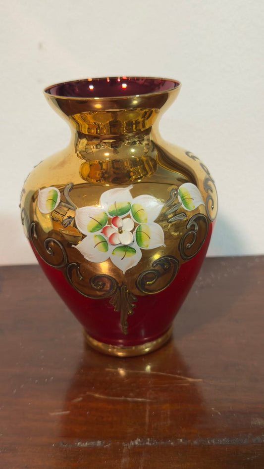 Jarra em Vidro Boémio Vermelho e Dourado