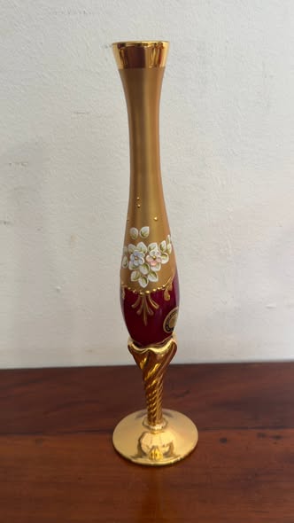 Jarra Soliflôr em Vidro Vermelho Rubi e Dourado com Flores Esmaltadas — Estilo Veneziano