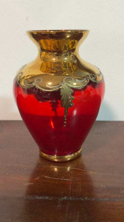 Jarra em Vidro Boémio Vermelho e Dourado