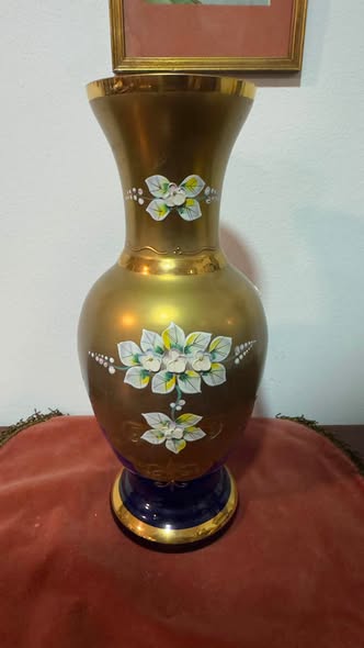 Antiga Jarra Balestre em Vidro Azul Cobalto e Ouro Acetinado "Tre Fuochi" – Séc. XX