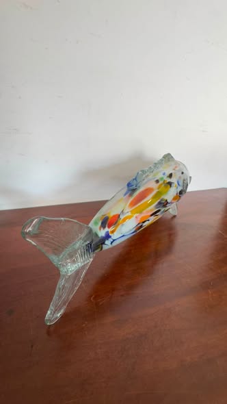 Antiga Escultura Peixe em Vidro Soprado Artístico Polícromo – Estilo Murano (Séc. XX)