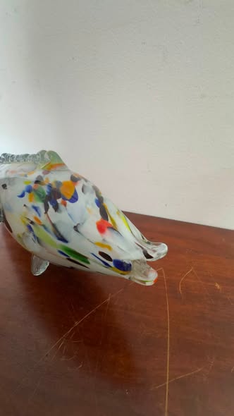 Antiga Escultura Peixe em Vidro Soprado Artístico Polícromo – Estilo Murano (Séc. XX)