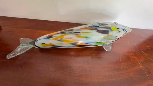 Antiga Escultura Peixe em Vidro Soprado Artístico Polícromo – Estilo Murano (Séc. XX)