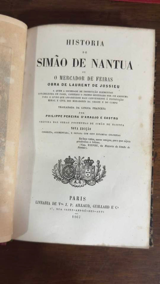 Livro Antigo "Historia de Simão de Nantua ou O Mercador de Feiras" (Edição Paris 1867)