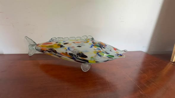 Antiga Escultura Peixe em Vidro Soprado Artístico Polícromo – Estilo Murano (Séc. XX)