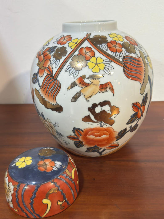 Pote Oriental em Porcelana com Tampa - Decoração Imari Floral e Pássaros
