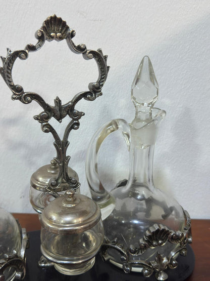 Galheteiro Antigo Vitoriano - Vidro Cristal, Metal Prateado e Base Mármore Preto