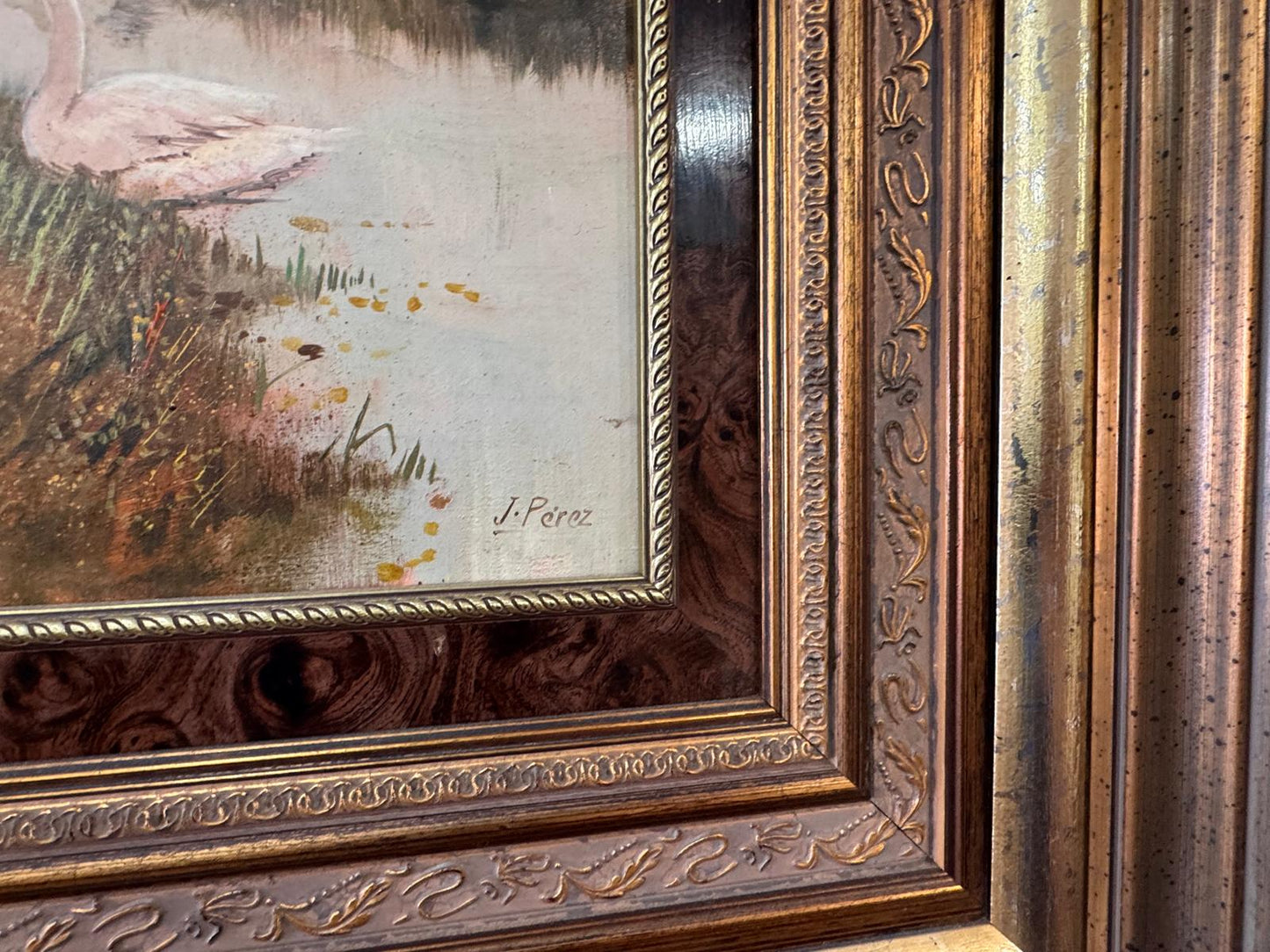 Pintura a Óleo sobre Tela – Cena Campestre com Figuras e Cisnes | Assinatura "J. Pere"