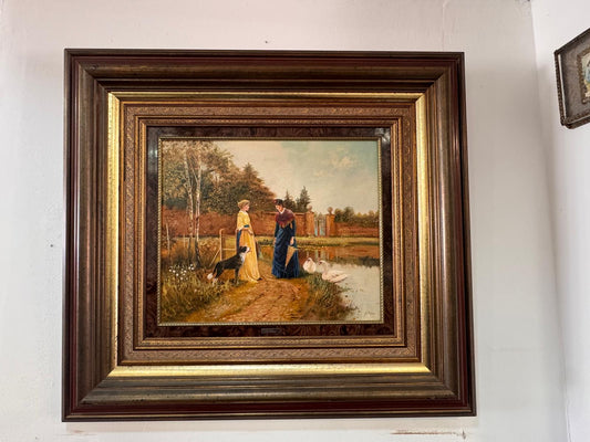 Pintura a Óleo sobre Tela – Cena Campestre com Figuras e Cisnes | Assinatura "J. Pere"