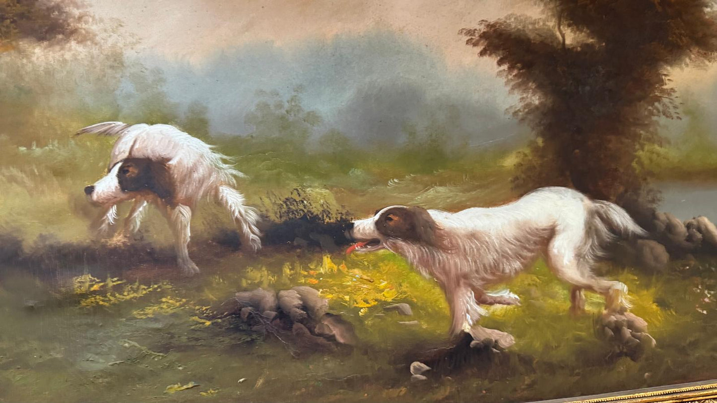 Pintura a Óleo – Cães de Caça em Paisagem Natural