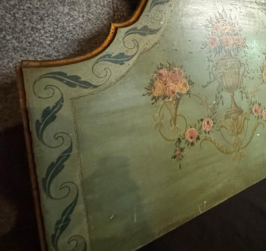 Cabeceira de Cama Pintada à Mão - Verde Sage com Rosas e Dourados - Mobiliário Artístico Vintage