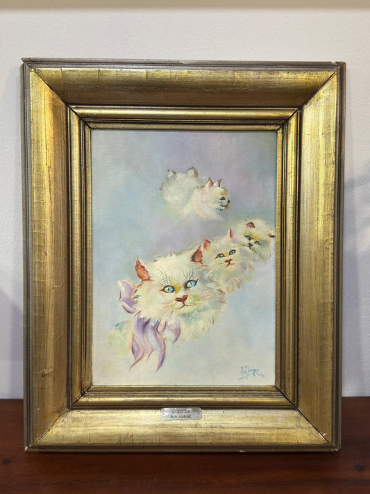 Óleo de Rui Jordão - Gatos Brancos com Olhos Azuis - Pintura Original em Moldura Dourada