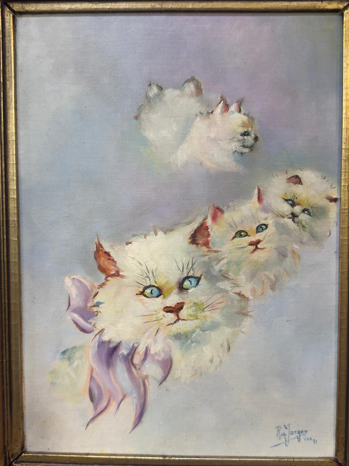 Óleo de Rui Jordão - Gatos Brancos com Olhos Azuis - Pintura Original em Moldura Dourada