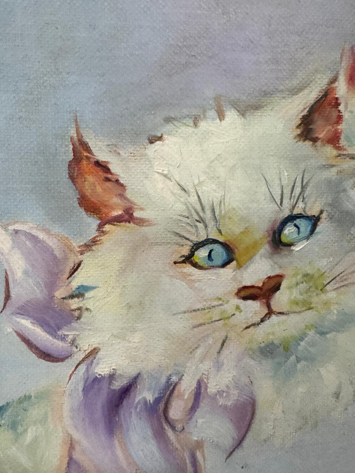 Óleo de Rui Jordão - Gatos Brancos com Olhos Azuis - Pintura Original em Moldura Dourada