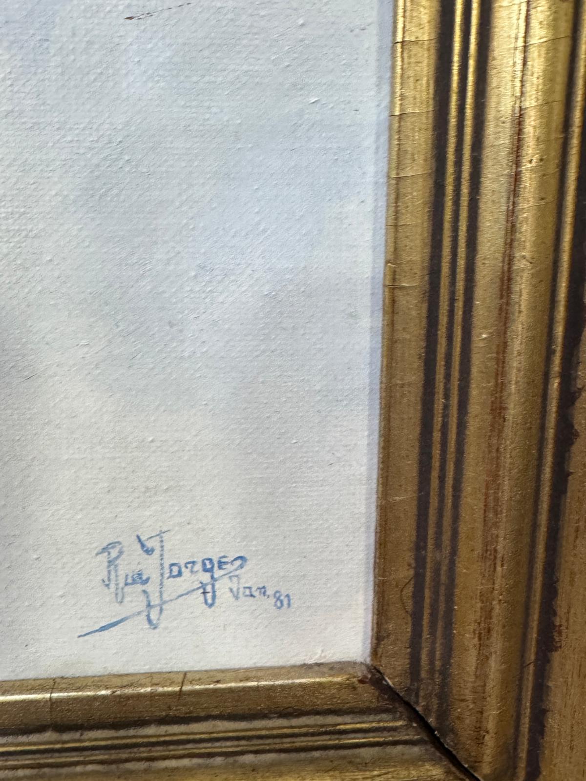 Óleo de Rui Jordão - Gatos Brancos com Olhos Azuis - Pintura Original em Moldura Dourada