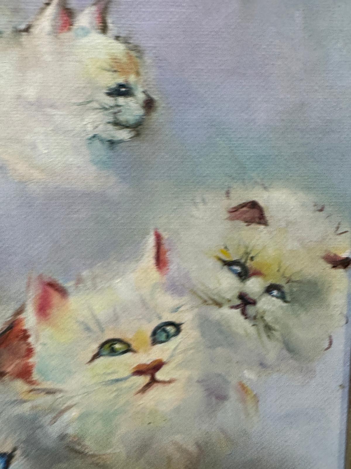 Óleo de Rui Jordão - Gatos Brancos com Olhos Azuis - Pintura Original em Moldura Dourada