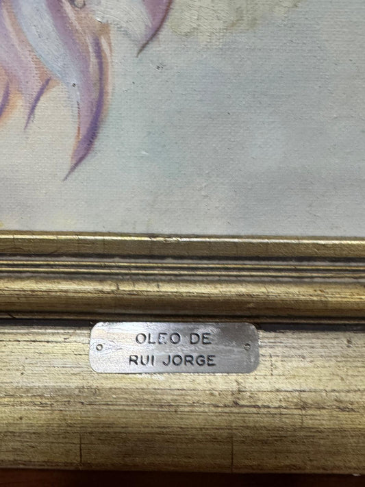 Óleo de Rui Jordão - Gatos Brancos com Olhos Azuis - Pintura Original em Moldura Dourada
