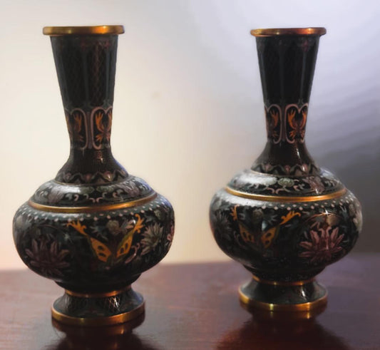 Par de Vasos Cloisonné - Esmalte Oriental com Motivos Florais